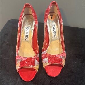 Caparros Vibrant Red Sequin Peep Toe Shoes
AS IS  WEAR AND TEAR